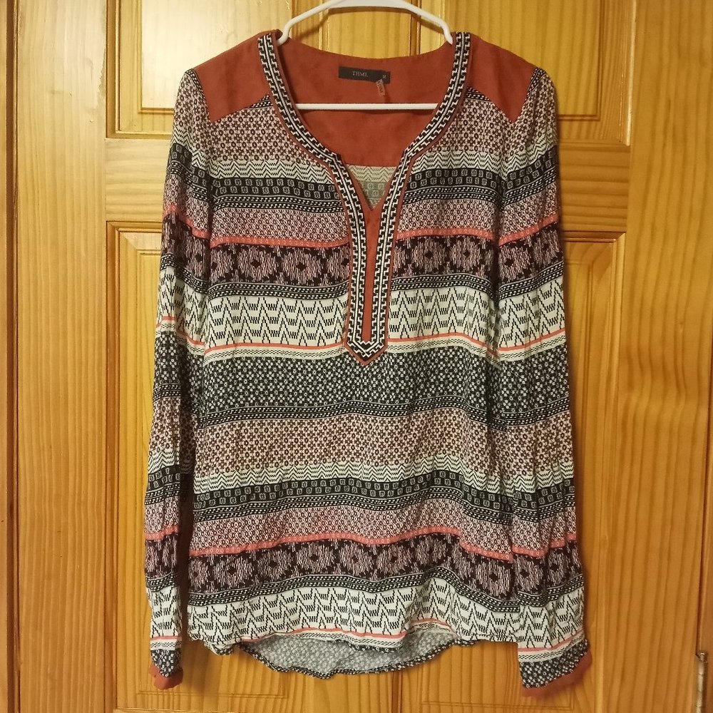 Anthropologie THML Boho Print Suede Accent Shirt size Medium